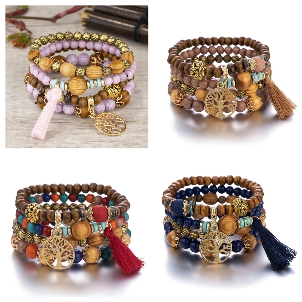 Bracelet Set Tree Of Life Beaded Bracelets Black Brown - Picture 4 of 10